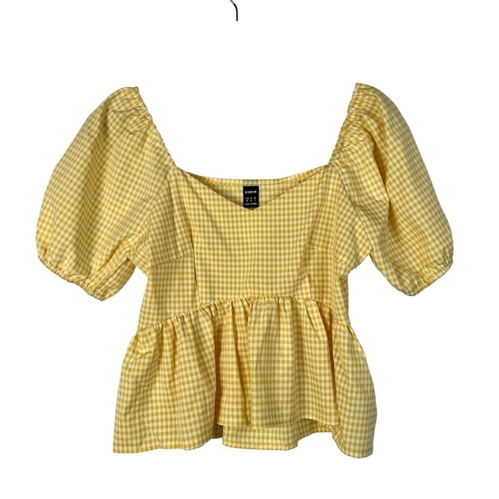 Shein Yellow & White‎ Gingham Plaid Peplum Short Sleeve Blouse XS